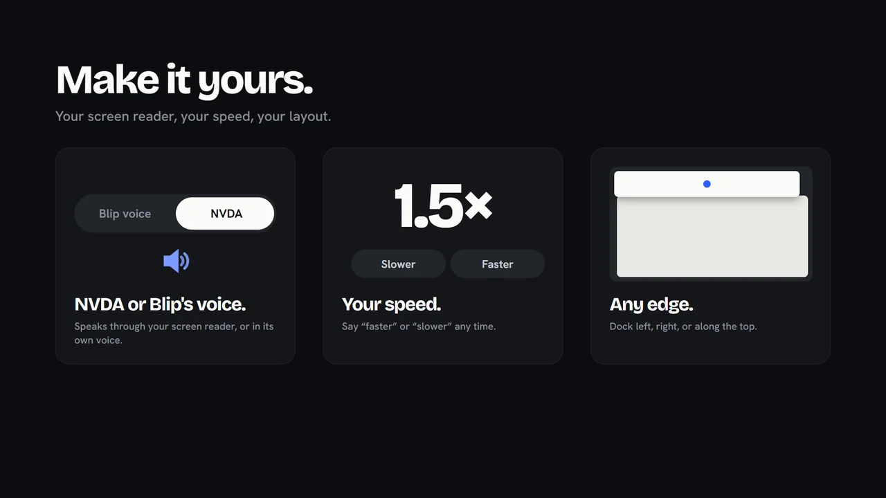Settings: Blip voice or NVDA, speech speed 1.5x, and docking the window to a screen edge