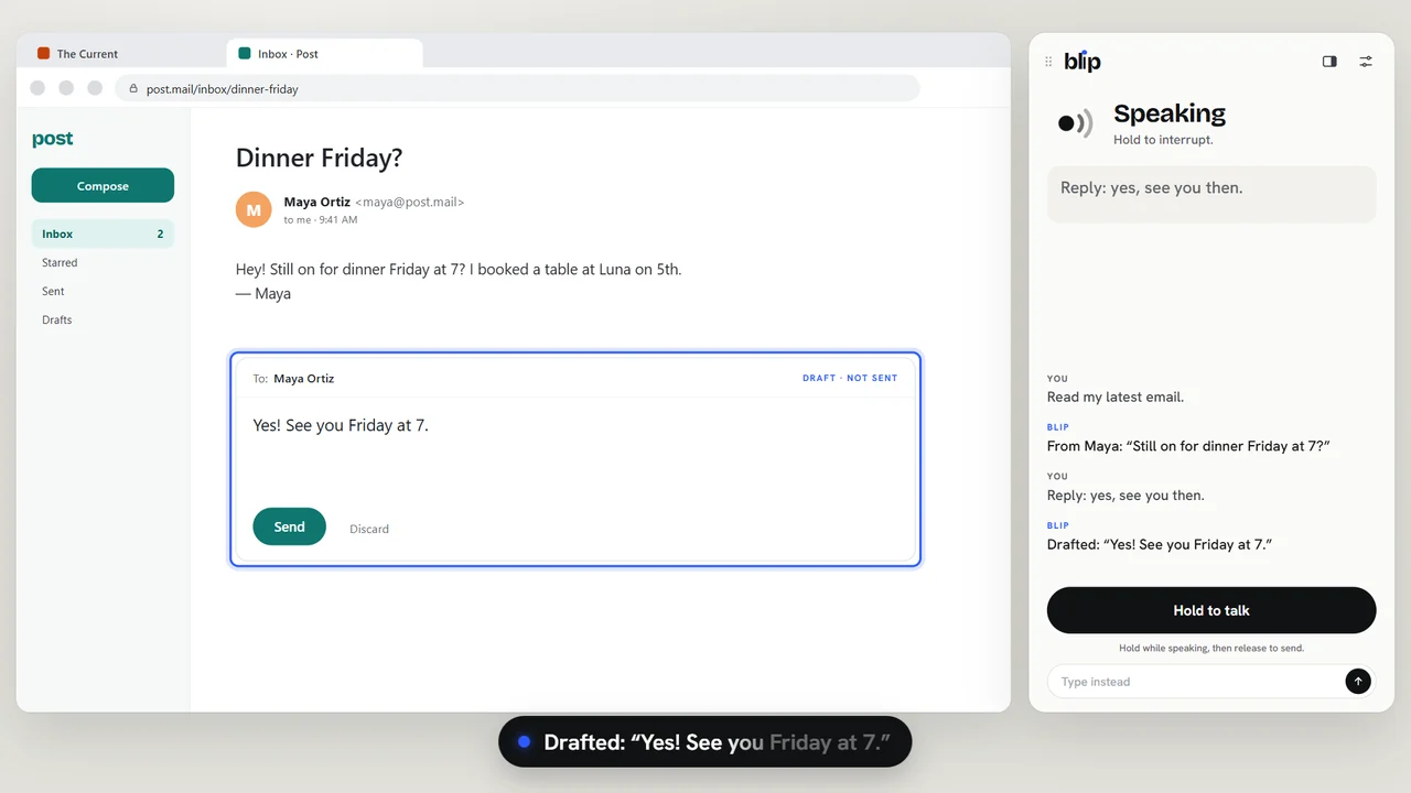 An email draft written by voice, waiting for the words 'send this email'