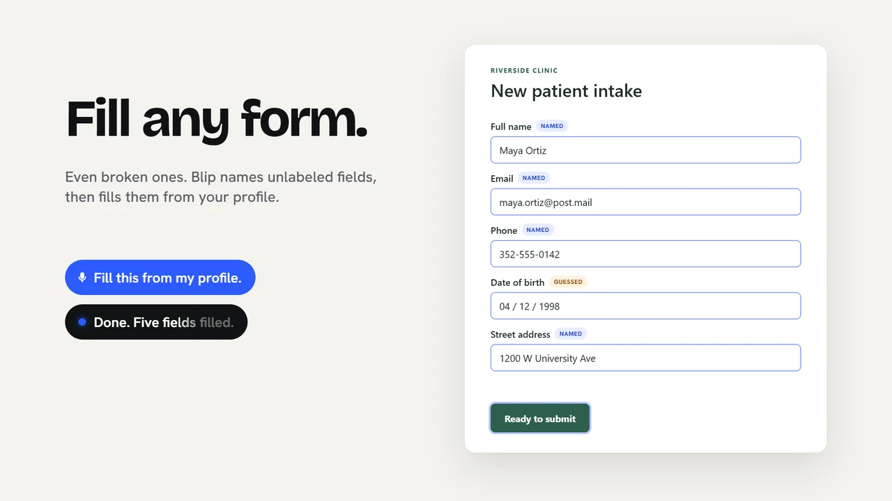 A form with unlabeled fields that Blip names and fills