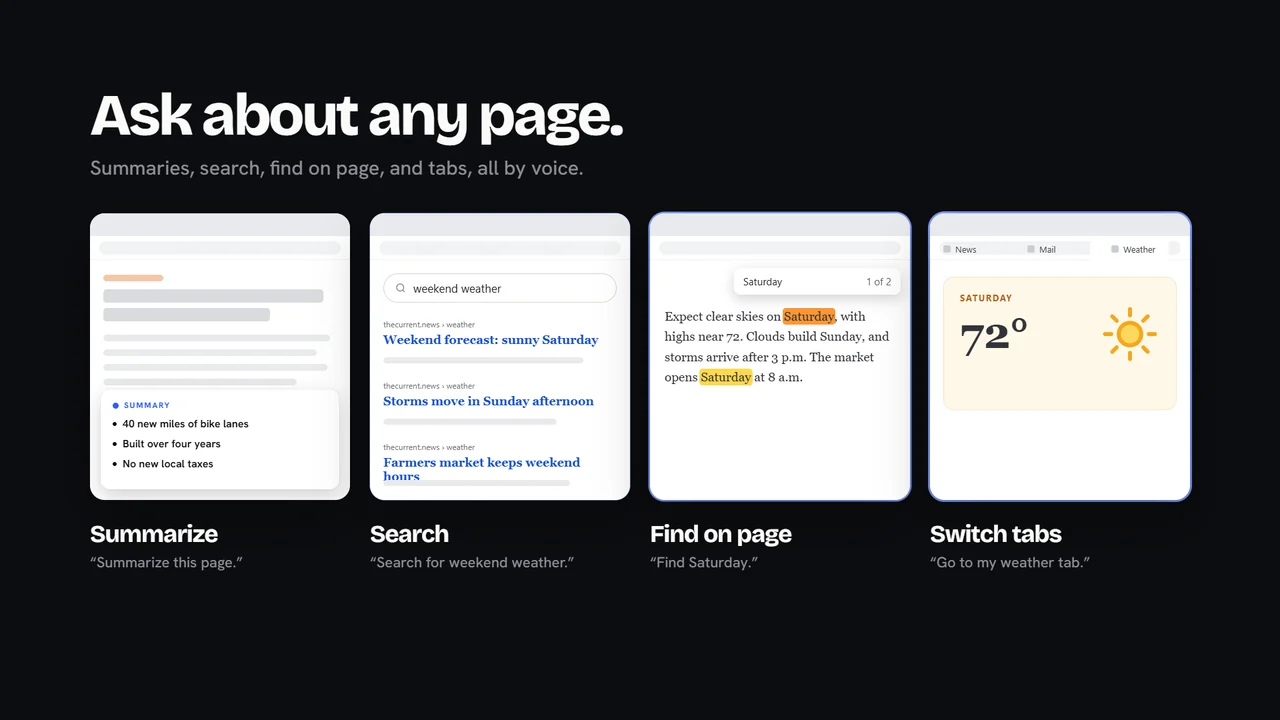 Four cards: summarize, search, find on page and switch tabs